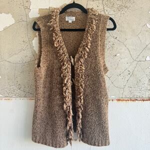 Boho Fringe Vest Boucle Textured Knit Sleeveless Cardigan Womens L Cozy Neutral